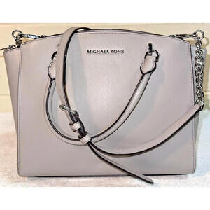 Michael Kors Ellis Large Leather Satchel Purse Pearl Grey 35H7SE0S3L W Adj Strap